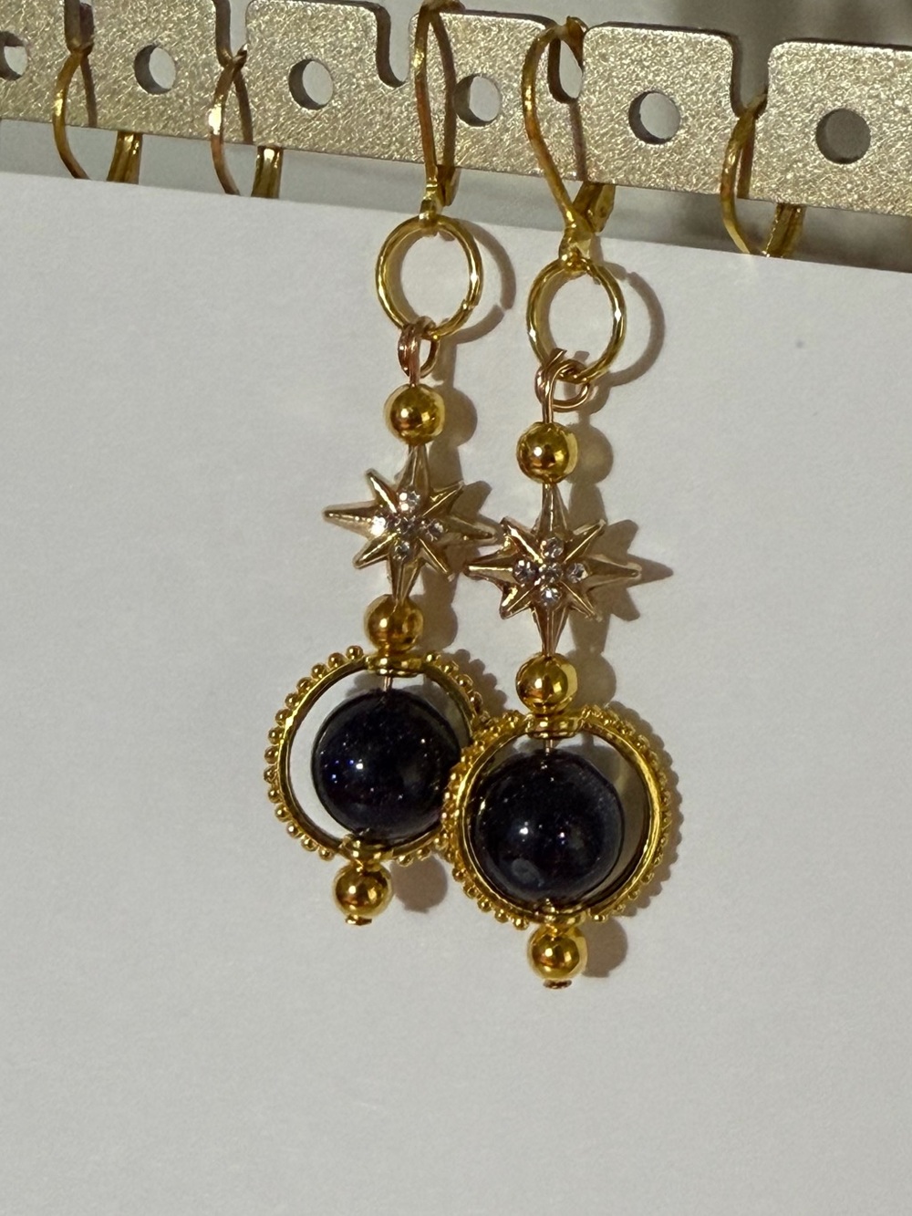 Gold-Tone Star & Blue Goldsandstone Dangle Earrings